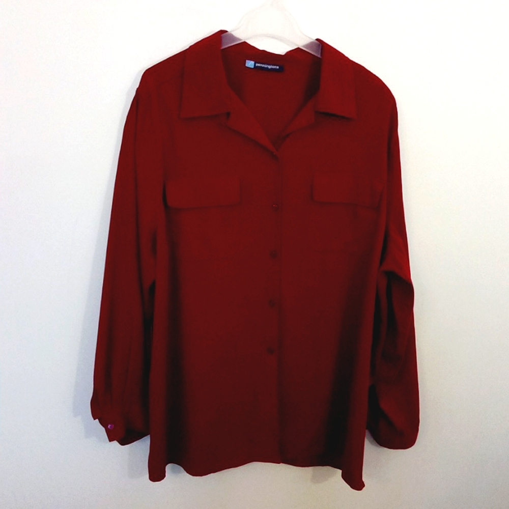 Pennington Women's Red Long Sleeve Crepe Camp Collar Button Up Shirt Size 1X